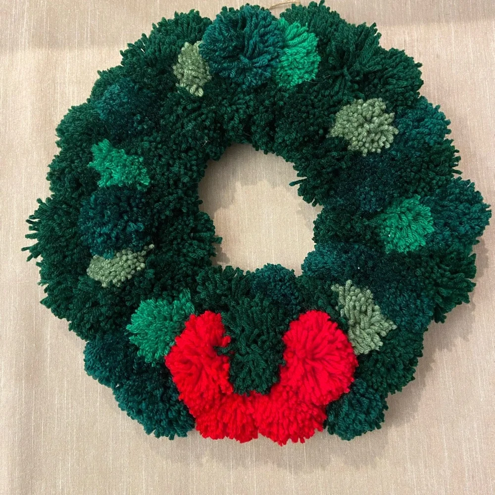 Festive Green and Red Pom Pom Holiday Wreath
